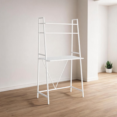 Leaning Ladder Desk with Shelves, Crisp White Laminate, Space-Saving Home Office Workstation