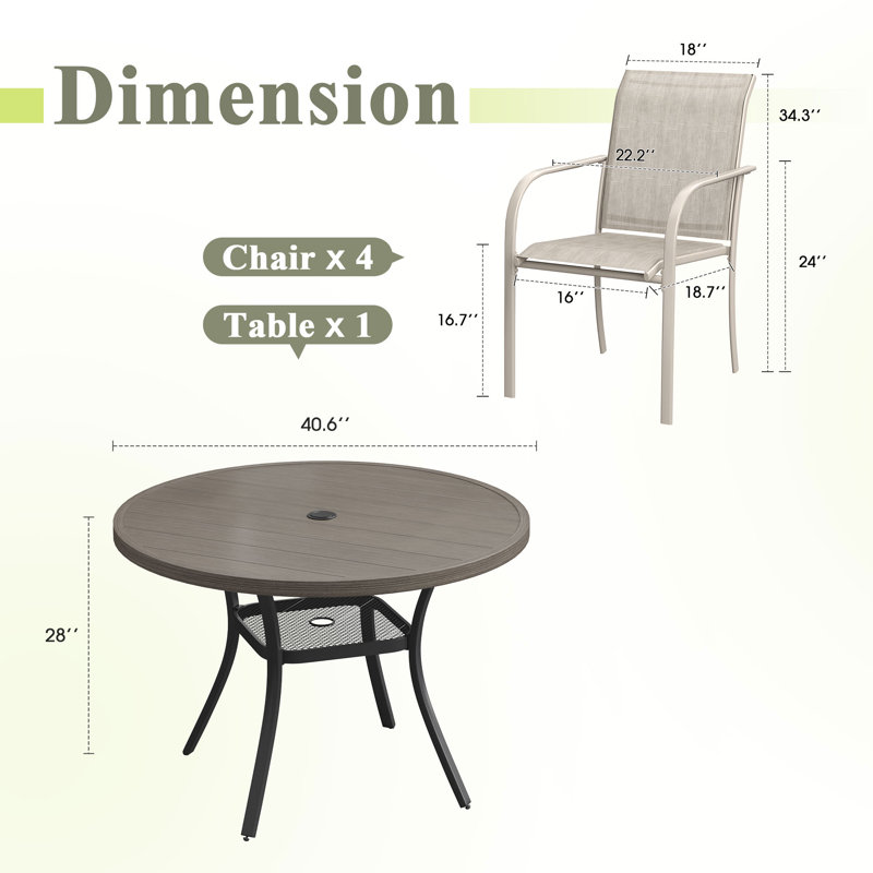 4-Person Square Patio Dining Set With Stackable PVC-coated polyester Chairs, Brush Wood Gray/Sandshell