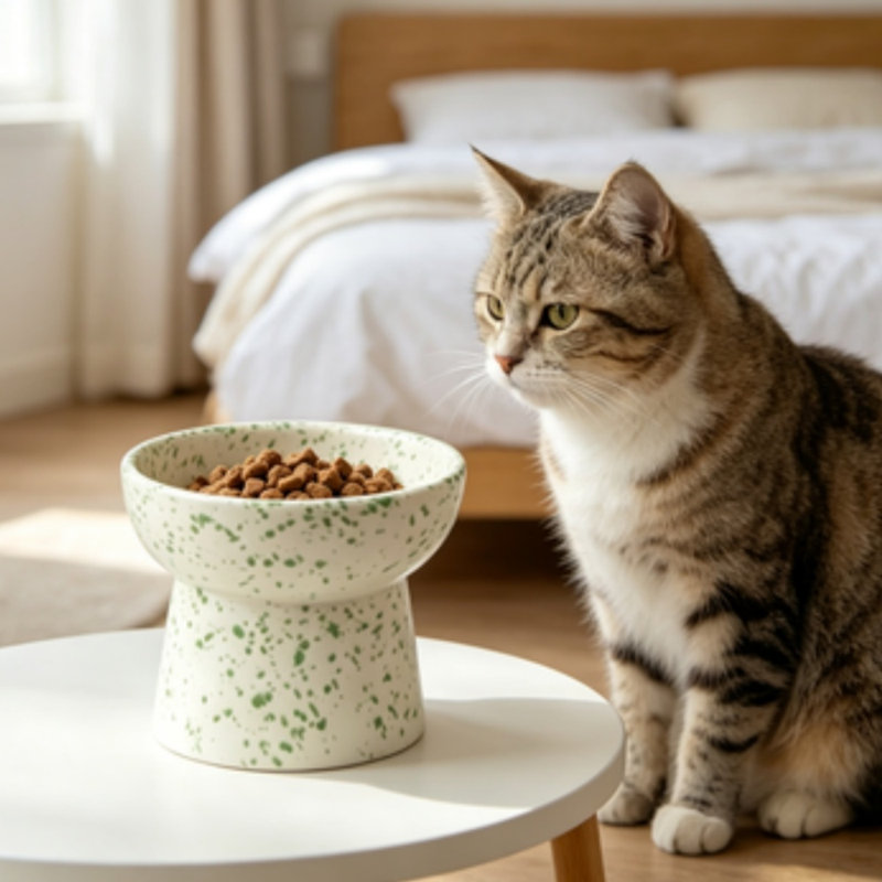 Bol pour chat en céramique moucheté surélevé, bol d'eau pour animal de compagnie à col large surélevé pour chatons et chats d'intérieur, plat anti-vomissement pour chat