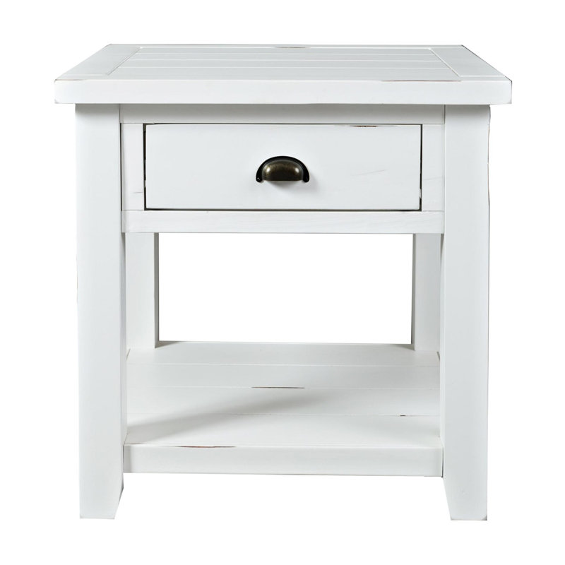 Table de bout en bois massif avec rangement Castile, Blanc patiné
