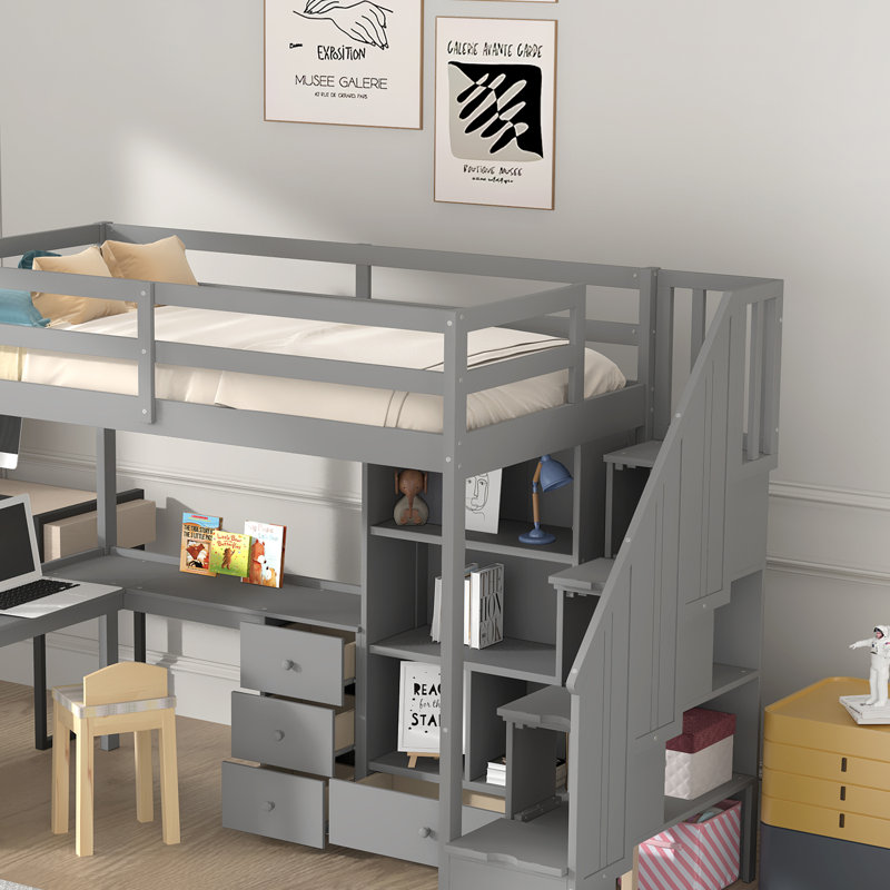 Montelimar Twin Size Loft Bed With L-Shaped Desk And Drawers, Gray