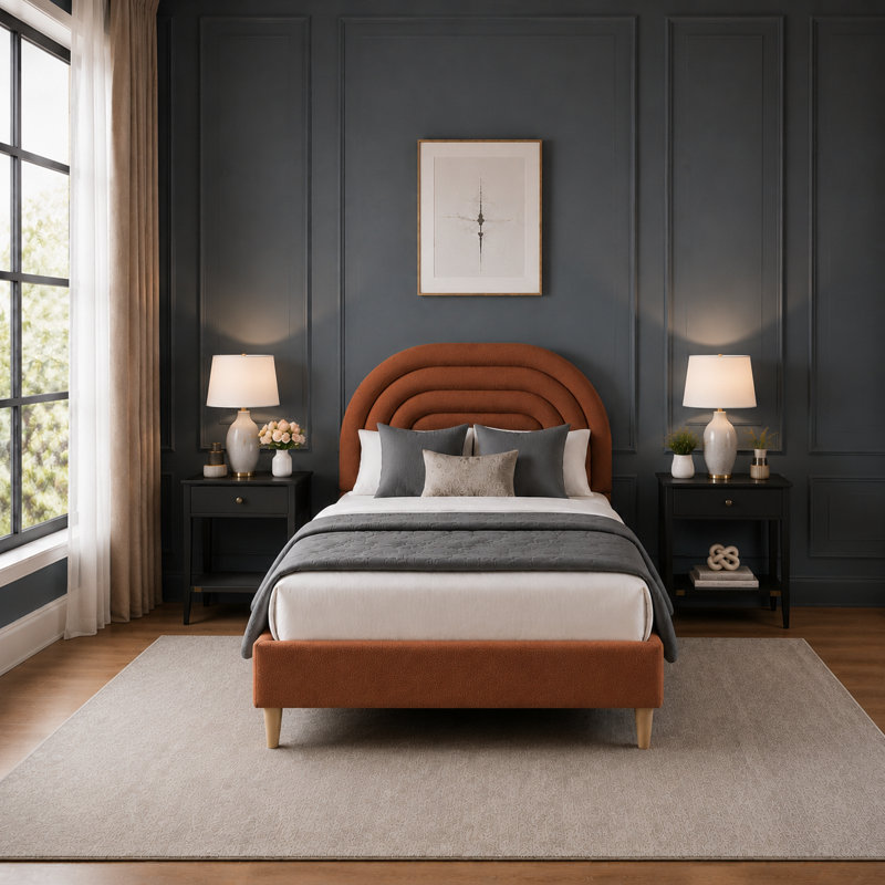 Halis Upholstered Scalloped Bed, Twin, Ochre Teddy
