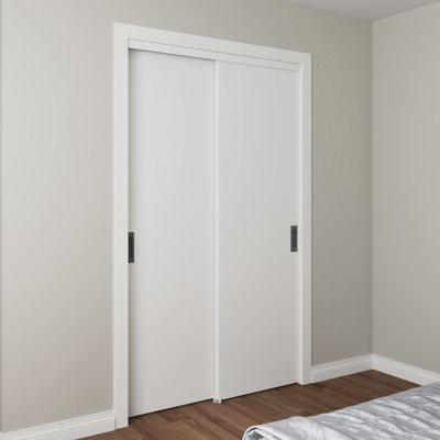 48"X80" Flush Smooth White Primed Molded Sliding Closet Doors With Installation Hardware Kit And Matte Black Flush Pull