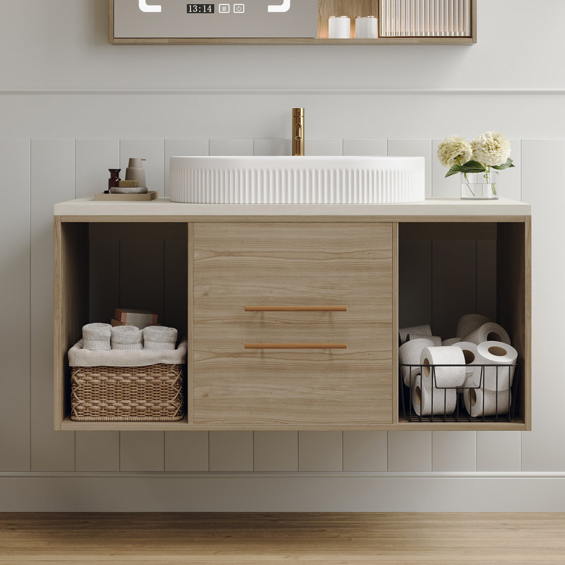 Ensemble de meuble-lavabo mural en bois massif 38 po Verta avec lavabo ovale en céramique, tiroirs à fermeture en douceur et rangement ouvert