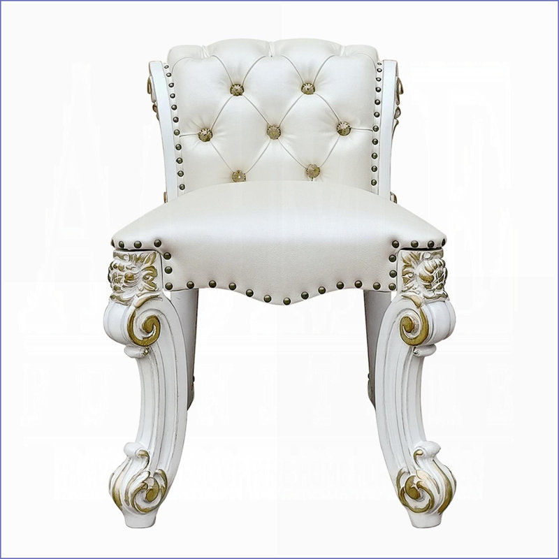 Tabouret de coiffeuse pour la chambre à coucher, similicuir beige avec siège rembourré et amp; Garniture argent antique | Beige | Similicuir