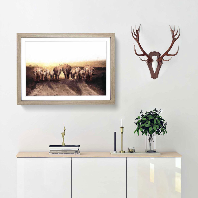 Herd of Elephants on a Dusty Road in Abstract - Picture Frame Painting Print, Oak Framed, 62cm H x 87cm W x 2cm D