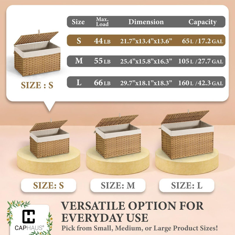 CAPHAUS Rattan Laundry Basket, 65L-160L Capacity, Removable Liner Bags, 3 colors, Natural, 13.6" H x 13.4" W x 21.7" D
