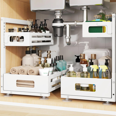 Under Sink Organizer, Pull Out Cabinet Organizer with Smooth Cylindrical Rail, Metal Slide Out Drawer for Kitchen Bathroom Laundry Cabinet, 8-Level Tool Free Height Adjustable, 2 Pack, (White)