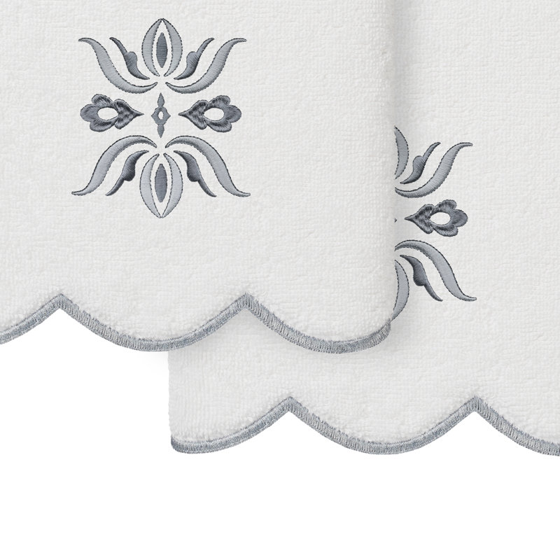  Ensemble de serviettes 100% coton à motif floral festonné 2 pièces, Blanc / Gris, Essuie-mains - paquet de 2
