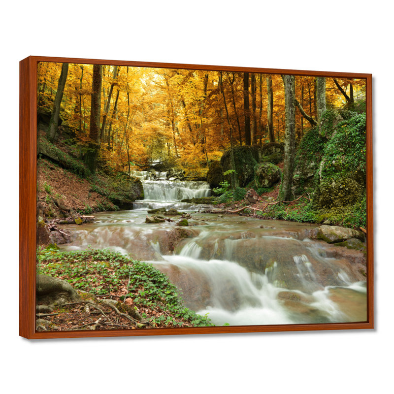 Forêt, cascade, arbres jaunes - reproduction de photo, H 12 po x l 20 po, Cadre flottant, Brun