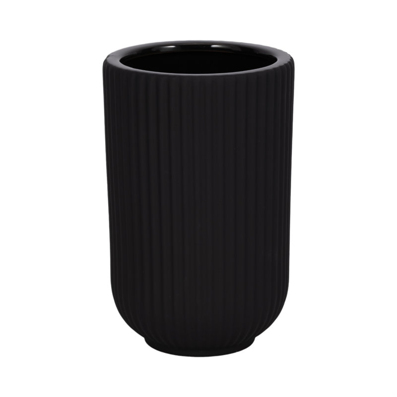 Zed Ribbed Ceramic Handcrafted Watertight Table Vase, Black, 7" H x 5" W x 5" D