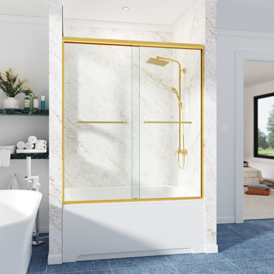 56-61"W x 60"H Semi-Frameless Double Sliding Tub Door, 1/4" (6mm)  SGCC Clear Tempered Glass, R5 Beveled Edge Design, Shatter-Resistant Film, Adjustable Rollers, Reversible Handle