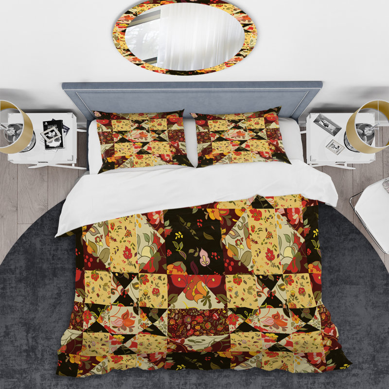 Patchwork de fleurs jaunes - ensemble de housse de couette abstrait - polyester microfibre