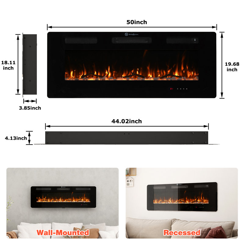 Chaufferette électrique encastrée ou murale Alama, écran tactile et télécommande, 10 couleurs de flamme, minuterie 8H, 700W / 1400W