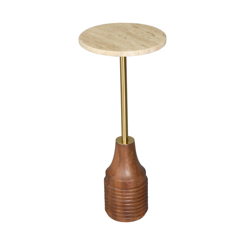 Transitional Handmade Solid Hard Wood & Marble Martini Drink Table, Beige