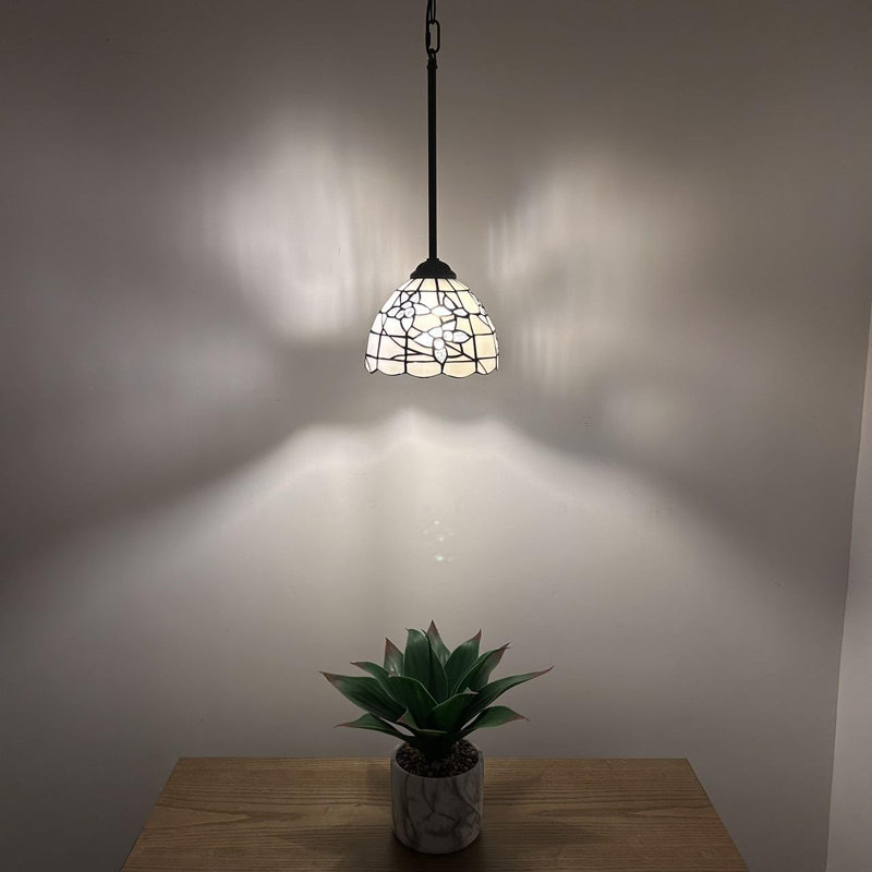 Bronze Mini Pendant Light with White Stained Glass and LED Bulb