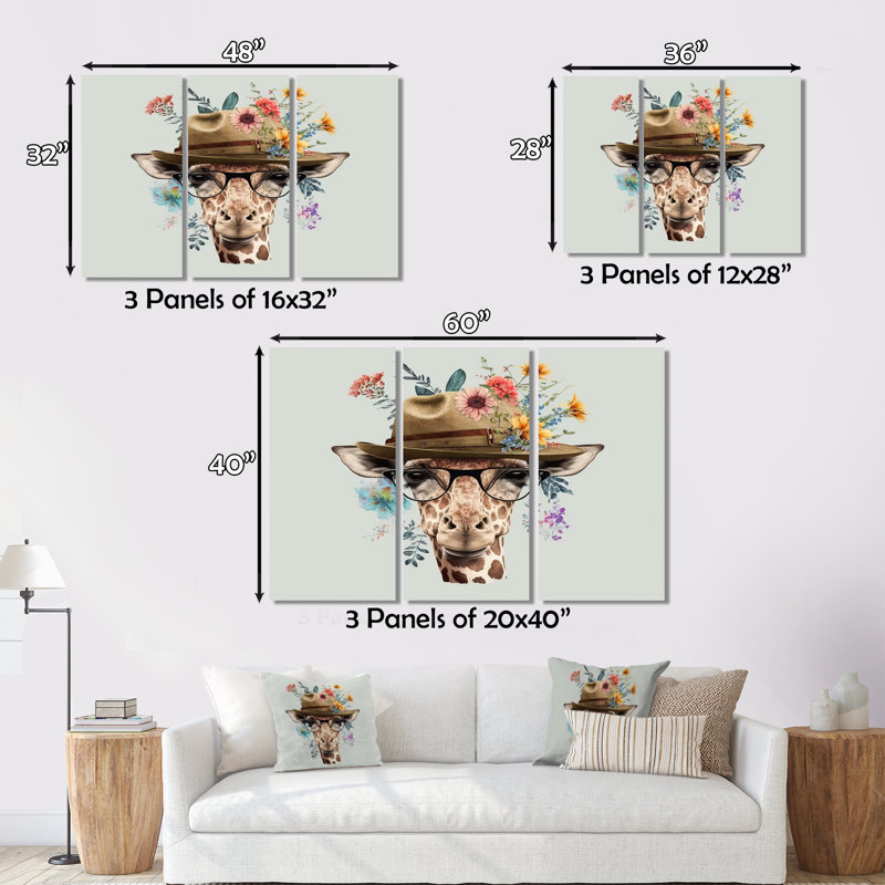 " Portrait Of Giraffe With Glasses And A Hat I " 3 - Pieces, 28" H x 36" W x 1" D