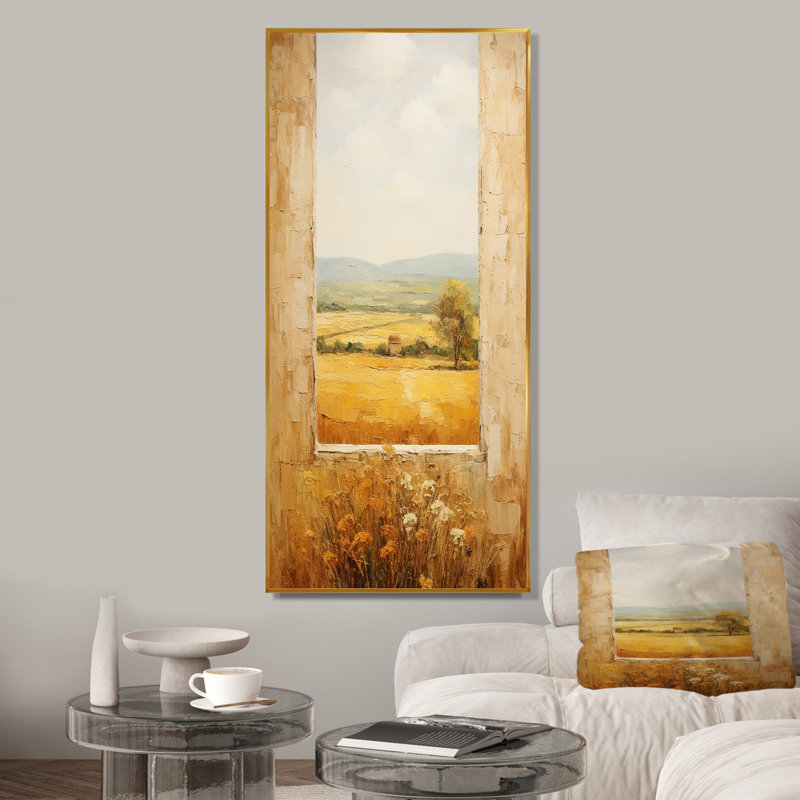 Été, pré, horizon, ferme, fenêtres I - ferme, fenêtres, art mural, Encadrement doré, H 32 po x l 24 po