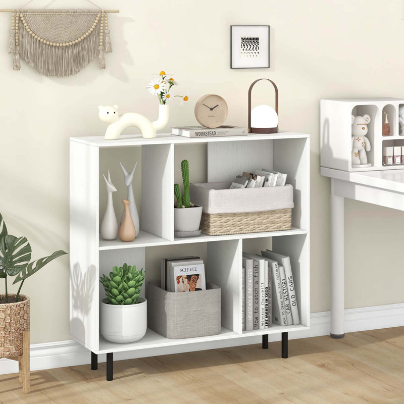 Open Shelf Bookcase Mid Century Modern Cube Bookshelf With 4 Compartments, White