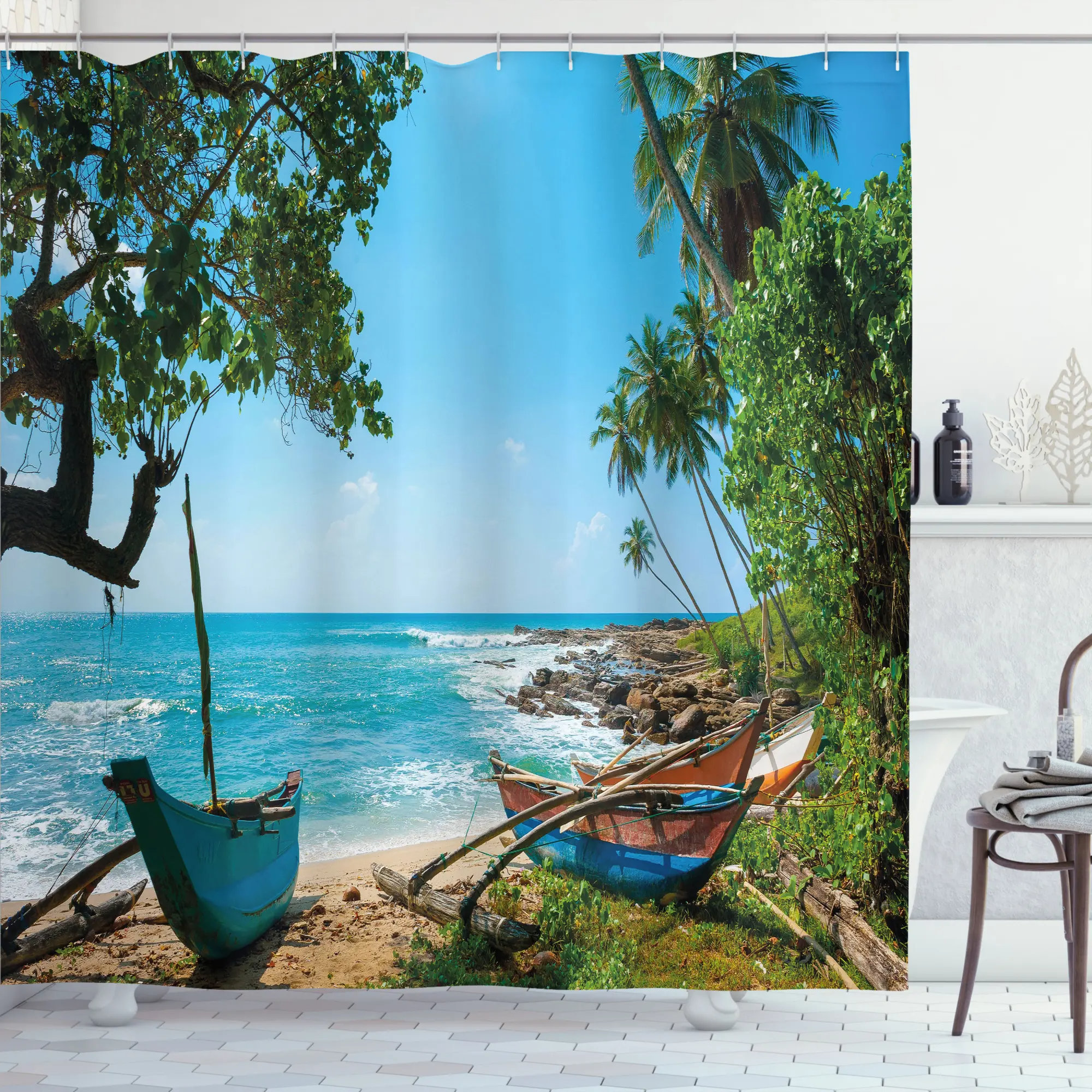 Bayou Breeze Renato Beach Tropical Ocean Scenery With Palm Trees and  Fishing Boats Caribbean Landscape Single Shower Curtain | Wayfair, image size:2000x2000