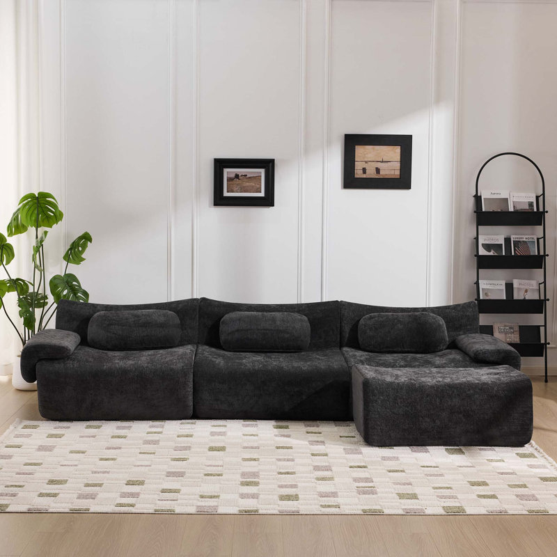 Canapé modulaire à assise profonde en chenille avec 3 coussins, Black