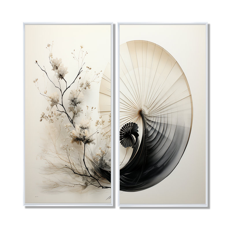 Art asiatique, coquillage Sumi VI - Art asiatique, art mural, 2 panneaux, 20" H x 24" W, Impression encadrée flottante, White
