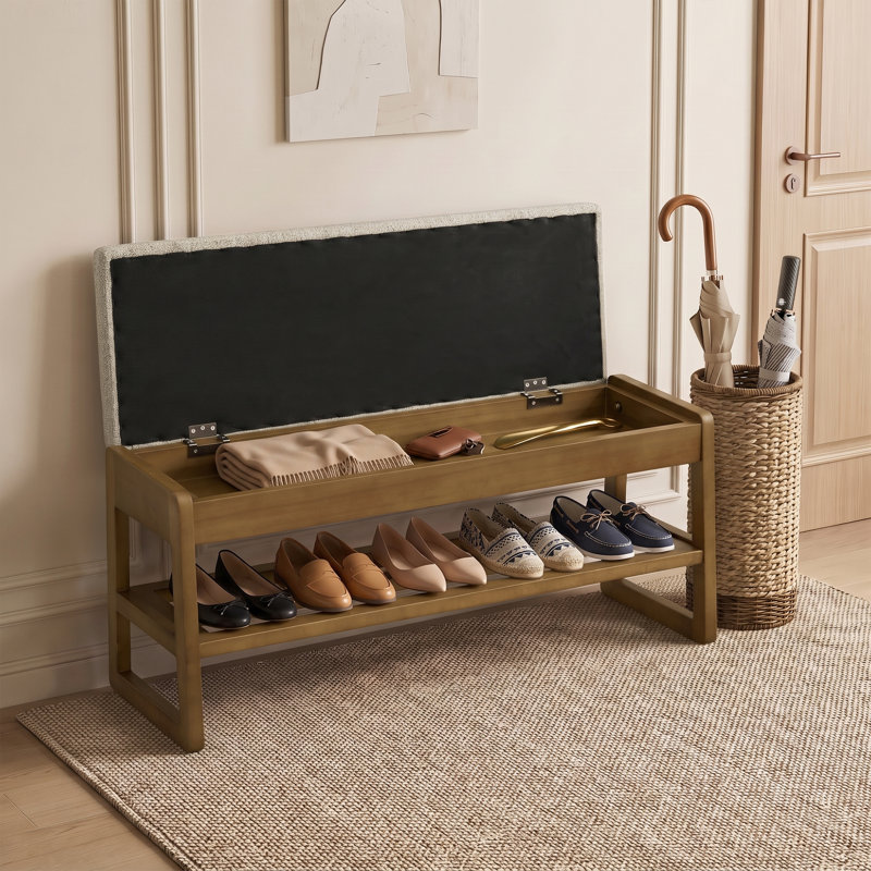 Banc à chaussures rembourré avec coffre de rangement à couvercle rabattable, H 17,9 po x l 39,3 po x P 13,4 po, Brun