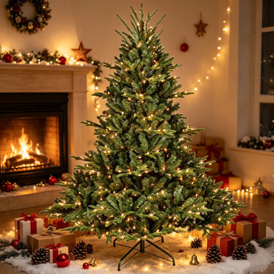 7.5FT Artificial Christmas Tree with Metal Stand, Green Artificial Pencil Tree with 850 UL Lights & PE/PVC 2441 Tips, Full Holiday Tree for Festive Display