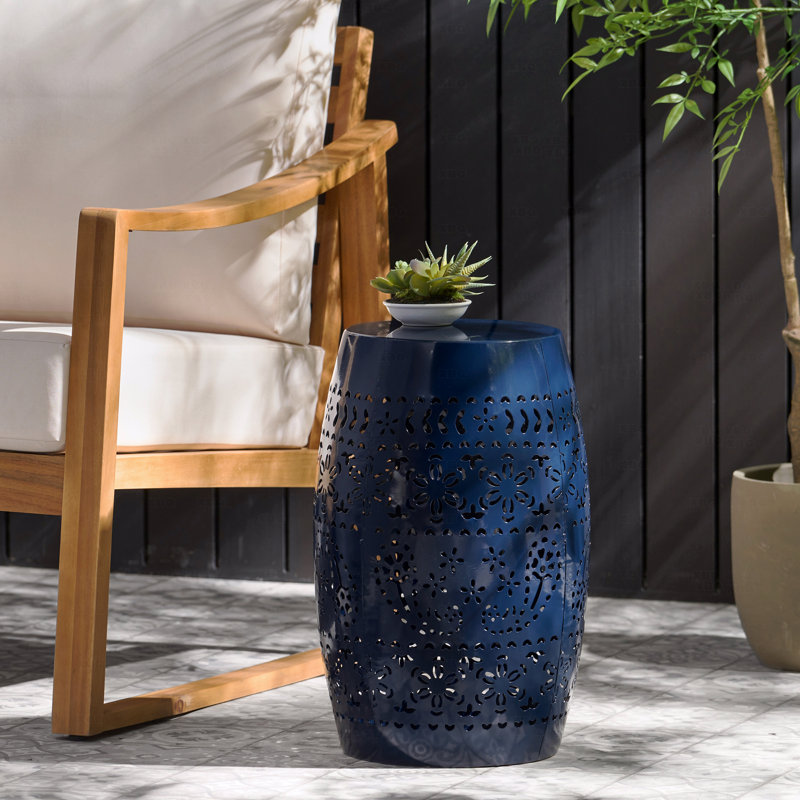 Navy Blue Barrel-Shaped Metal Side Table (Lace-Cut), Blue