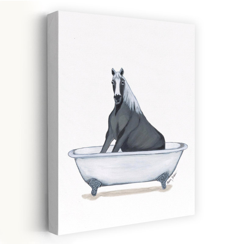 Cheval dans une baignoire, art animalier contemporain fantaisiste, H 36 po x l 24 po