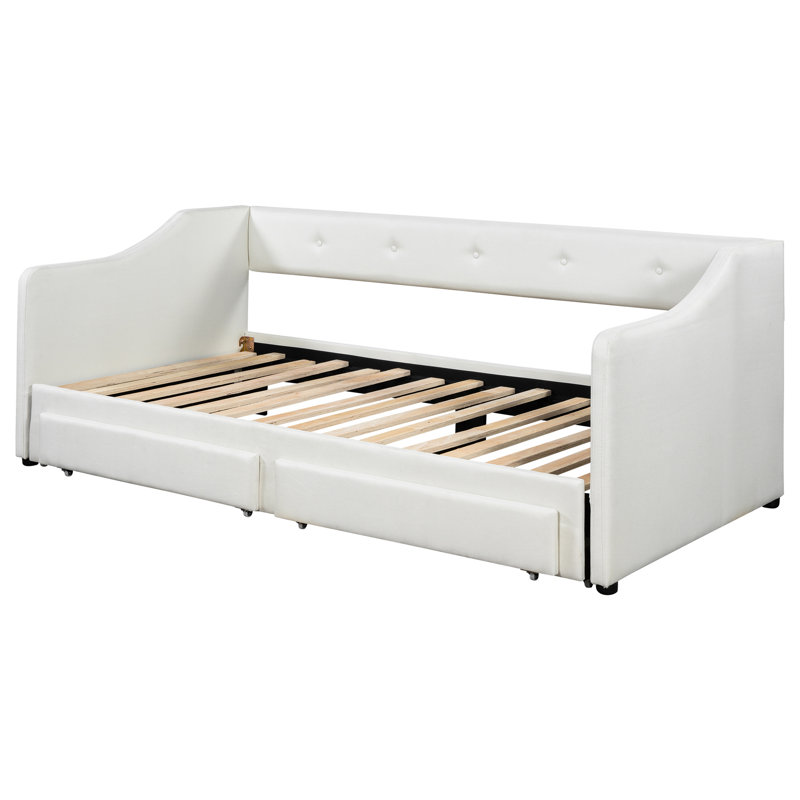 Lit simple TG, très grand, beige, lit de jour rembourré, deux tiroirs, dossier capitonné élégant, côtés très rembourrés en mousse, siège confortable avec rangement, aucun sommier requis