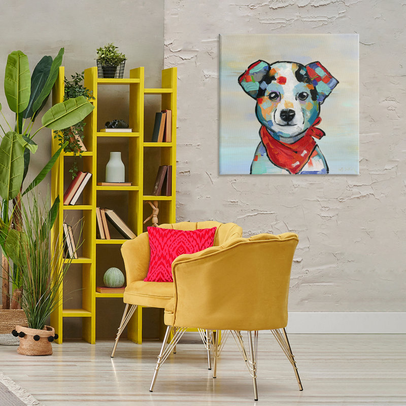 «Dog Portrait with Red Bandana», art mural par Sally Swatland, H 30 po x l 30 po