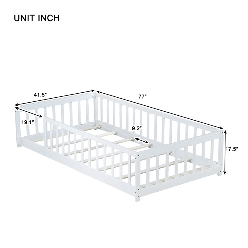 Lit simple en bois d'hévéa avec garde-corps de sécurité - conception de clôture, sans porte, Blanc