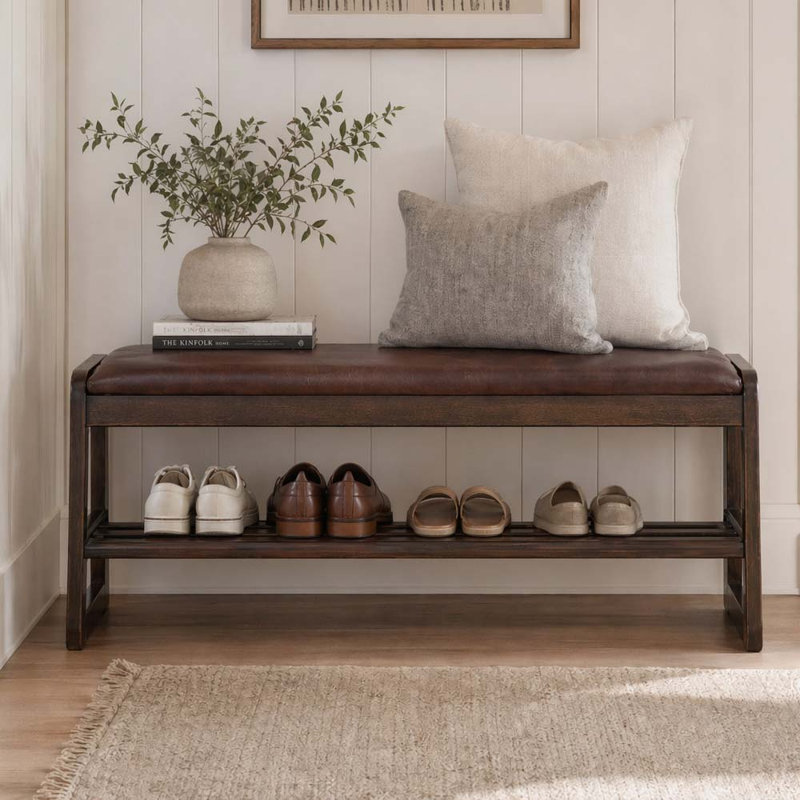  Banc de rangement en bois massif avec coussin et banc de rangement pour hall d'entrée à 2 niveaux, Brown/Faux Leather