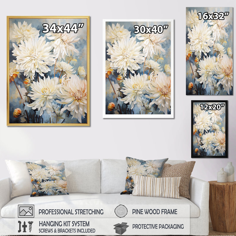 «Beige Mums In Bouquet Bliss I», reproduction sur toile, H 20 po x l 12 po x P 1 po, Cadre flottant blanc