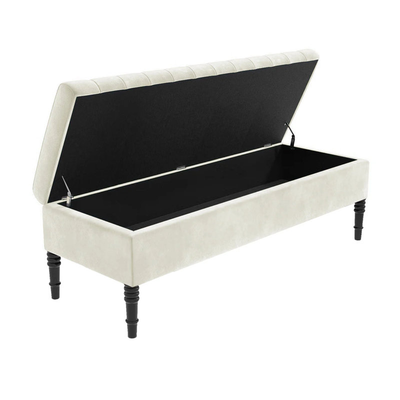 Safar Plain Upholstered Plush Velvet Ottoman Storage Bench with Black Turned Wooden Legs, Cream, 40cm H x 120cm W x 40cm D