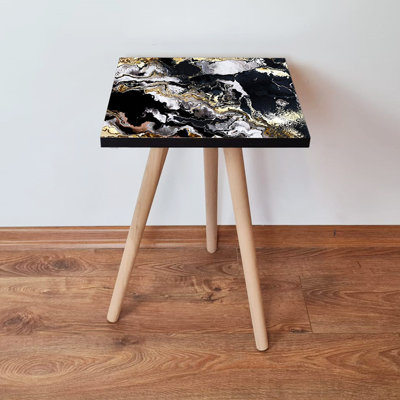 Table d'appoint moderne avec motif en marbre abstrait, noir, blanc et or | 100% panneau de fibres à densité moyenne avec pieds en bois de hêtre, dimensions: 13,8 po x 16,5 po x 13,8 po | Élégant et fonctionnel pour le salon, la chambre à coucher ou le bureau