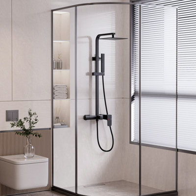 Système de douche 3 fonctions noir mat avec pomme de douche carrée effet pluie de 25 cm, douchette à main et bec de baignoire en laiton massif, certifié CUPC et NSF, ensemble complet de robinetterie de douche murale de 6,8 l/min