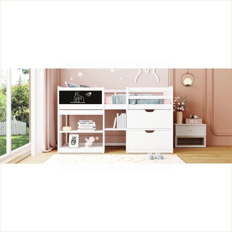 Lit mezzanine simple en bois massif avec bureau à roulettes intégré et rangement intégré aux tons blancs