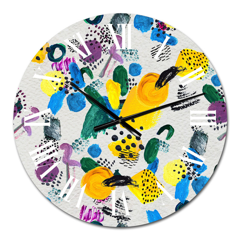 Jaune jaune, bleu et mauve chaos - horloge murale à motifs, Petit
