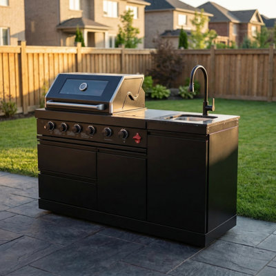 65" W X 25" D X 48" H 2-Piece Modular Outdoor Kitchen Set With 4-Burner Gas Grill, Side Burner, Sink, Granite Countertop