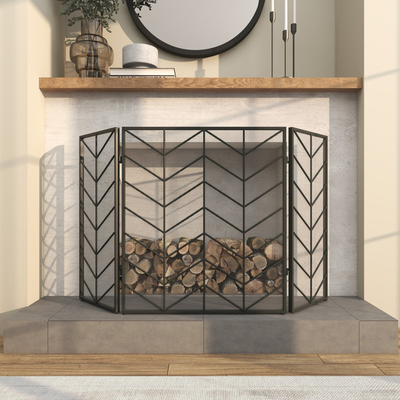 Venturi Metal Foldable Mesh Netting 3 Panel Geometric Fireplace Screen with Chevron Pattern, Black