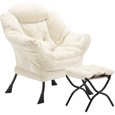 Lazy Chair With Folding Ottoman & Side Storage Bag, Plush Upholstered Accent Armchair With Metal Frame, Non-Slip Pads