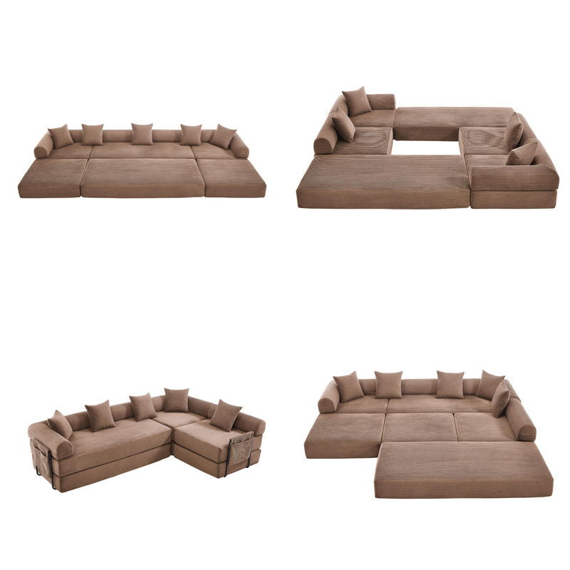 Ridge Convertible Folding L-Shaped Boneless Sectional Sofa Bed, Cloud Corduroy Fabric Sleeper with Memory Foam Mattress, 6 Configurations for Living Room, No Assembly Required