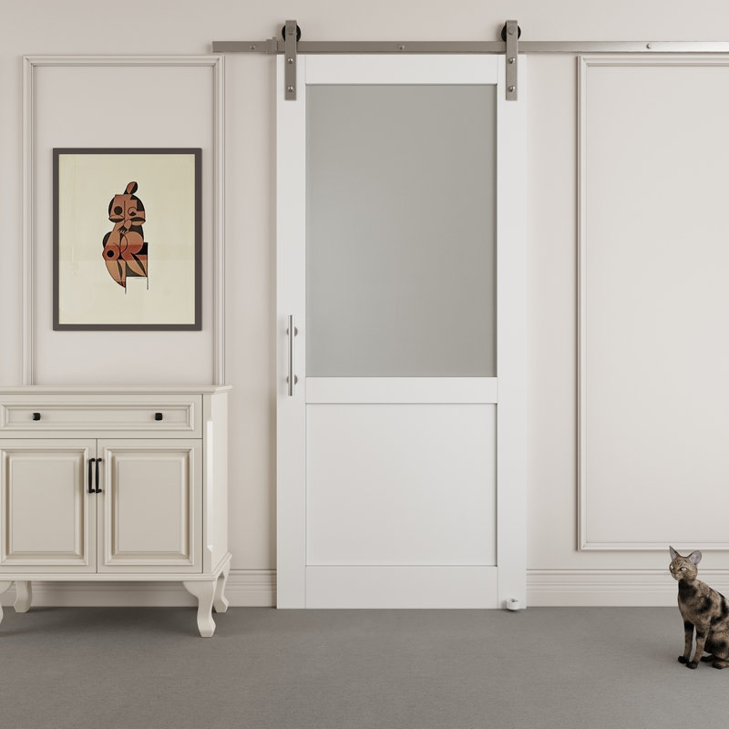36 in. x 80 in. Frosted Glass White MDF Sliding Barn Door with Nickel Hardware
