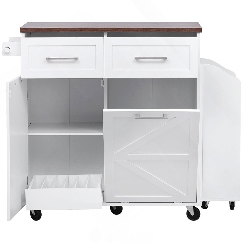 47.2" Farmhouse Kitchen Island With Drop Leaf, Kitchen Storage Island With Removable Side Racks, Two Drawers, Rolling Kitchen Cart On Wheels With Towel Rack, For Home, Kitchen, Dining Room, White