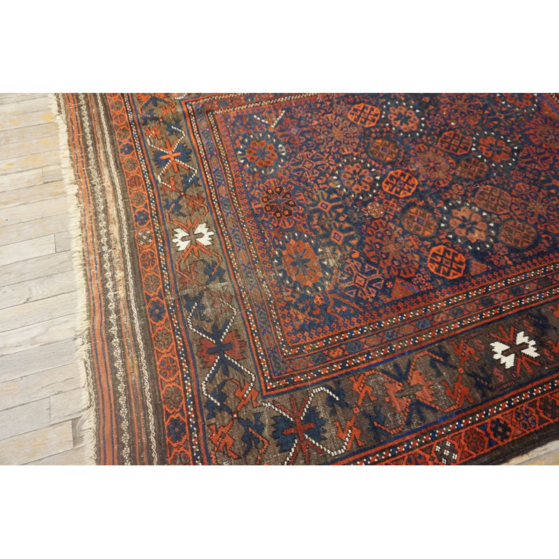 Rectangle Hand Knotted Pile Allover Geometric 1890s Wool Blue Antique Rug