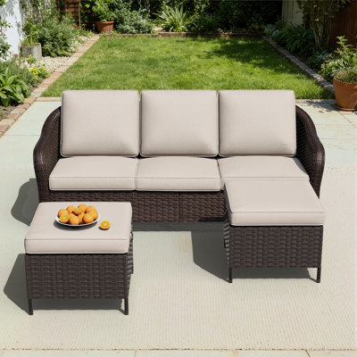 Ensemble de conversation de patio 3 pièces en osier avec repose-pieds et coussins de rangement toutes saisons