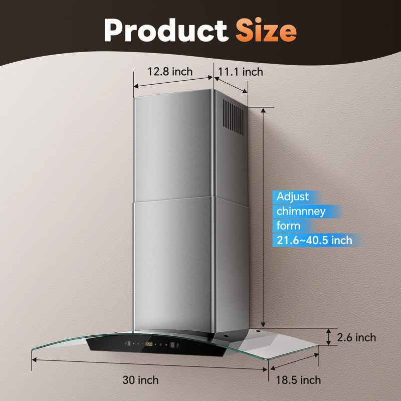 Hotte murale convertible 30 pouces 700 CFM, Acier inoxydable/noir
