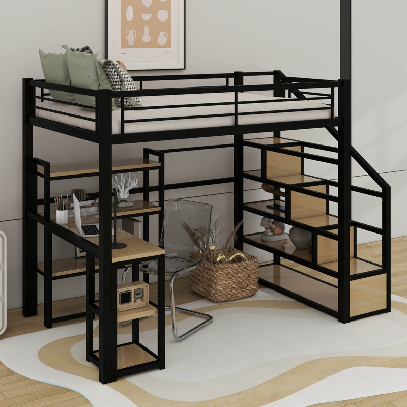 Lit mezzanine double en métal avec escalier, bureau et tablettes